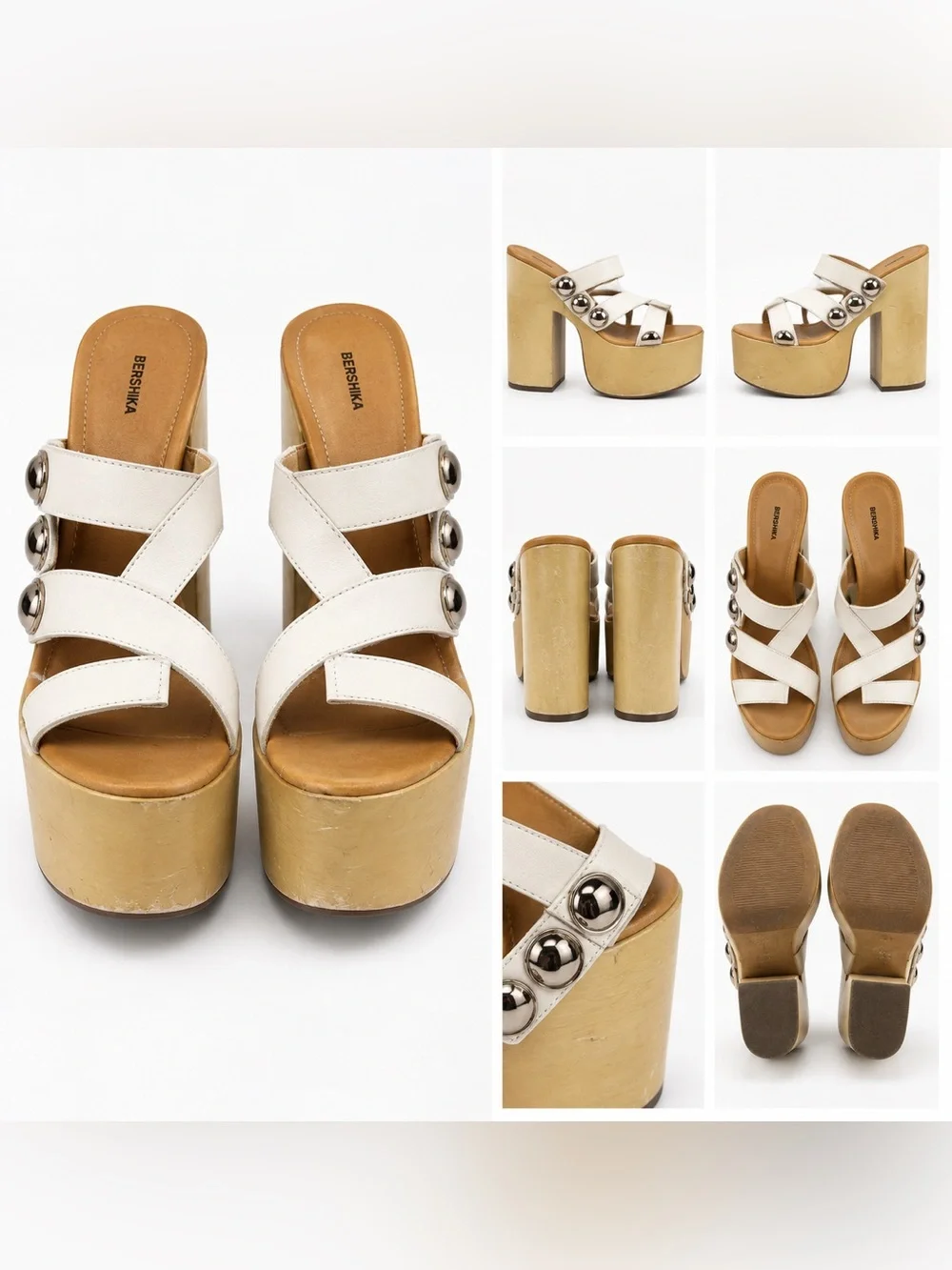 Bershka White Leather Cross-Strap Platform Mules with Metallic Studs